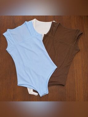 Ribbed Tank Bodysuit Trio - Blue, Brown, Cream Sz M